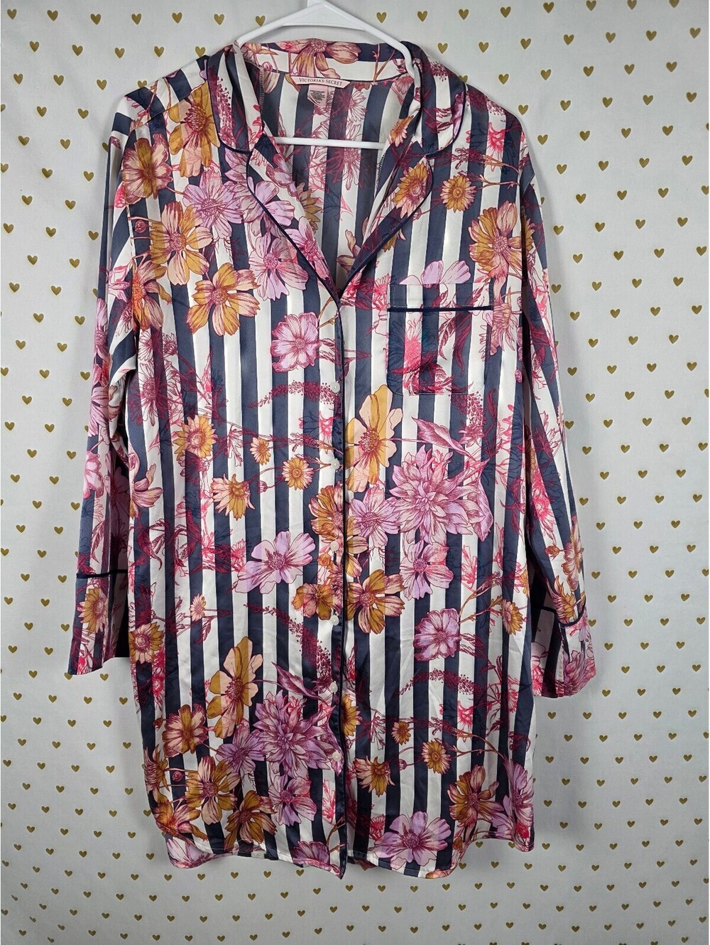 Victorias Secret Satin Floral Sleep Shirt Nightgown Button Front Pajama Dress M
